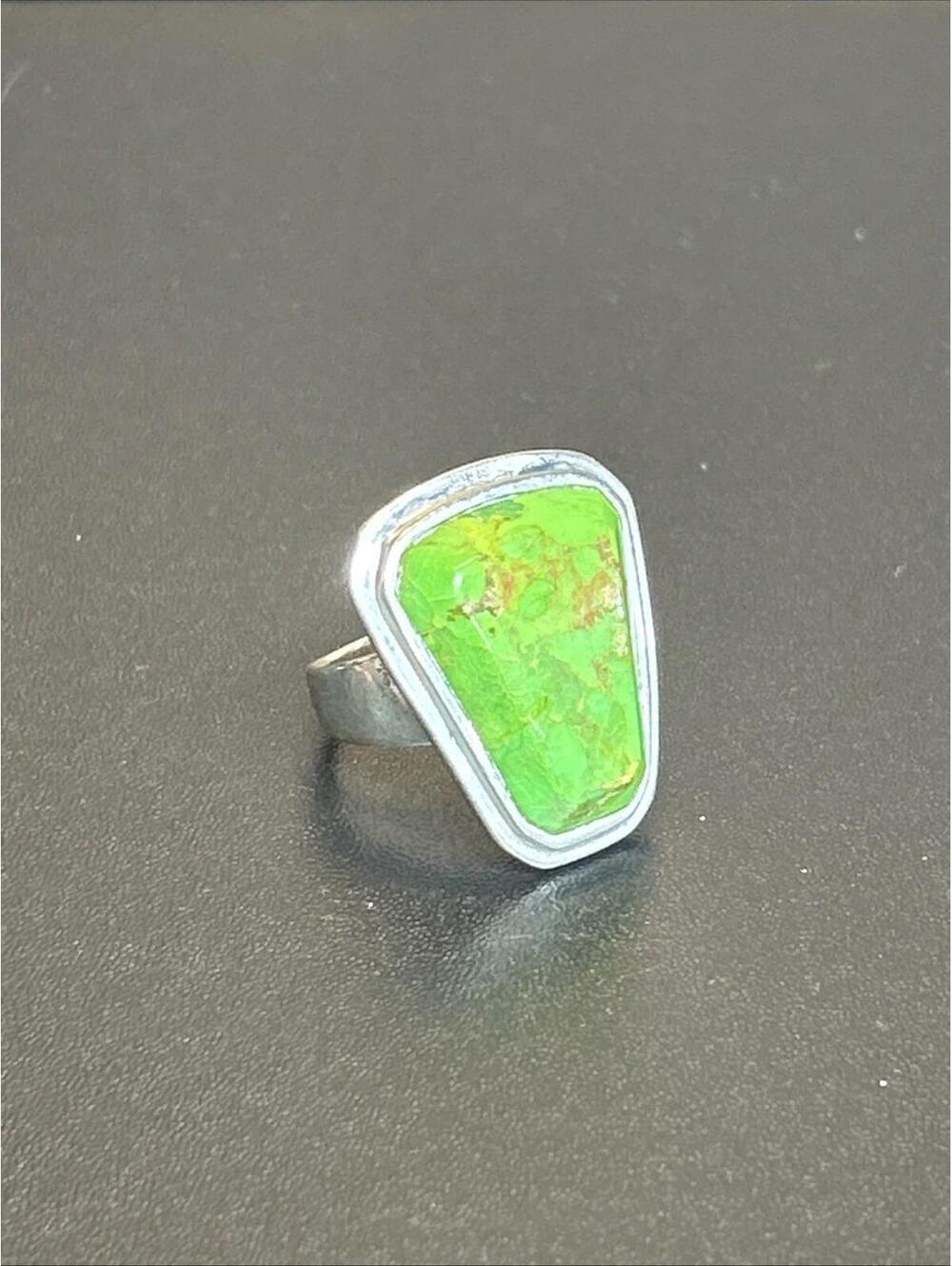 Sterling Silver Barse Thailand Green Copper Turquoise Ring-23 X 18mm-Size 7